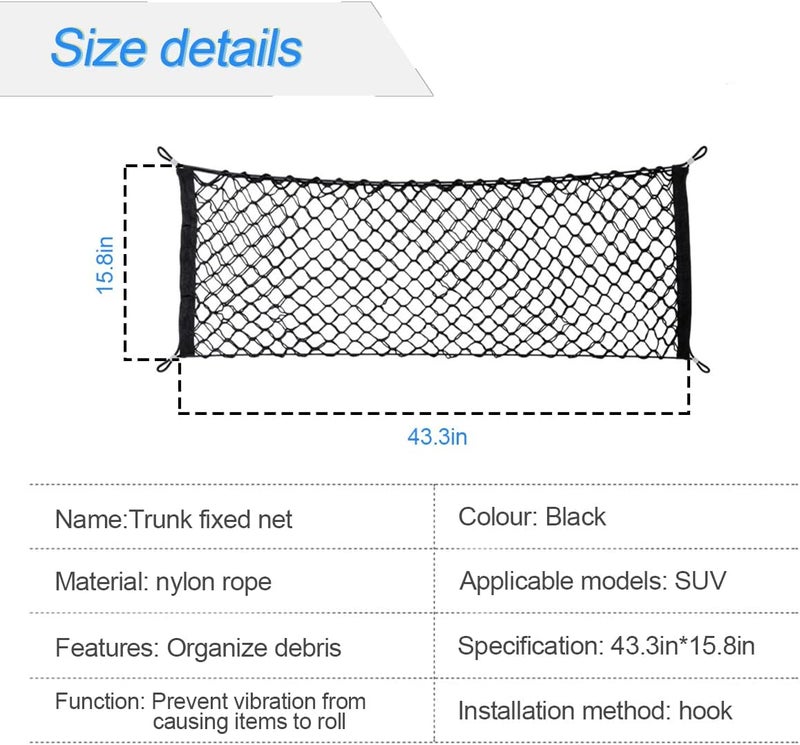 Hanemia Car Rear Cargo Net, Adjustable Elastic Storage Organizer Net, Trunk Cargo Storage Net, Universal Fit for Car, Vehicle, SUV (43.3"x 15.8") - Image 2